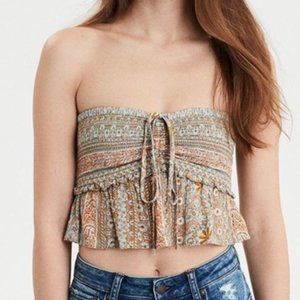 Halter Crop Top Smocked Peplum Strapless Floral Pattern American Eagle - Large